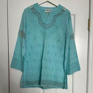 Ritu Kumar Embroidered Sheer Tunic Blouse Blue XL Lightweight Boho
